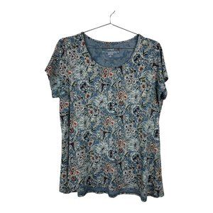 J. Jill PureJill Blue Floral 100% Pima Cotton Elliptical T Shirt Size M Petite